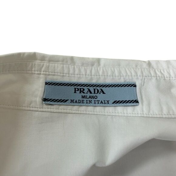 Prada Crisp White Poplin Tailored Ruffle Blue Navy Trim Shirt, 42/6 - Picture 7 of 11